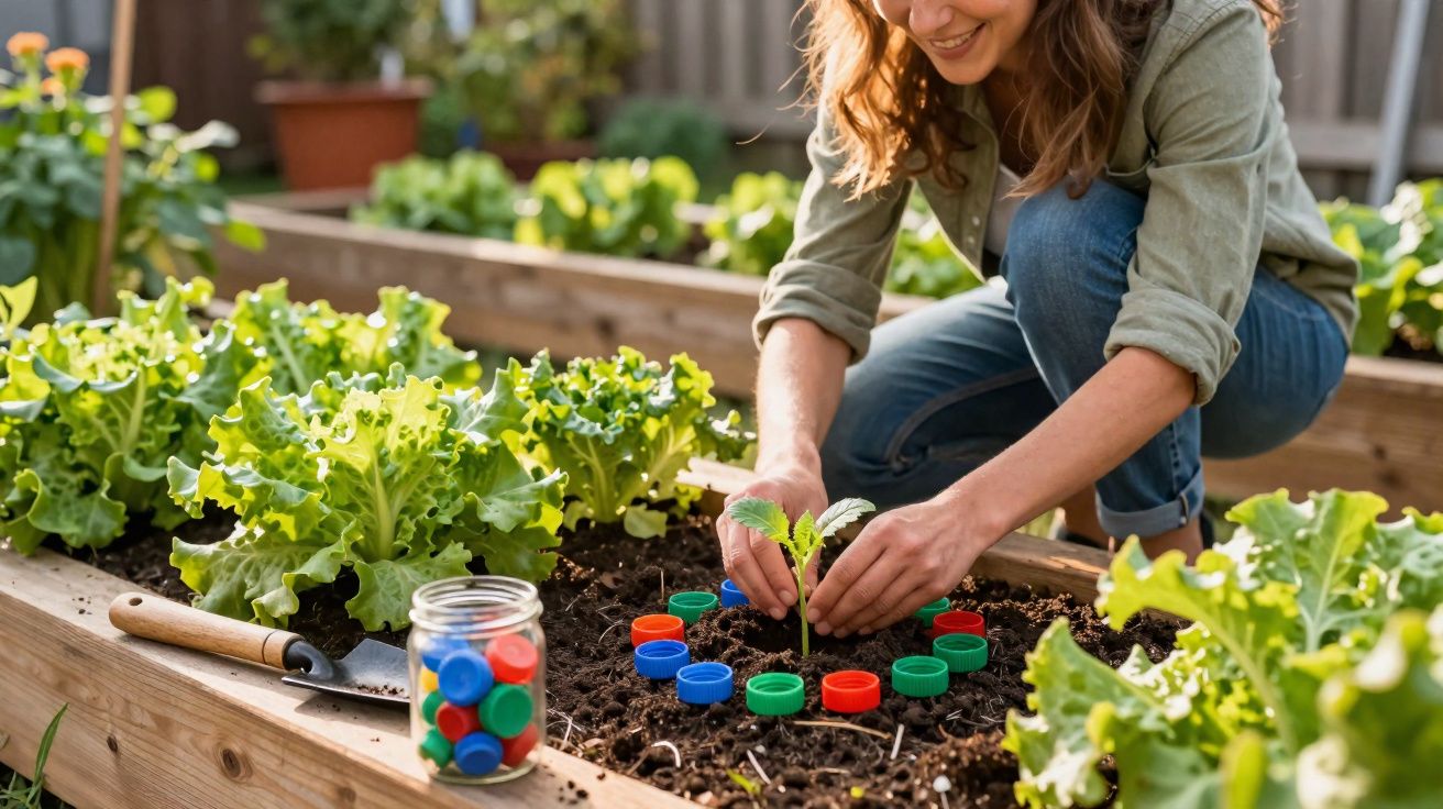 Mulher a plantar uma muda num jardim com tampas de plástico coloridas ao redor da planta.