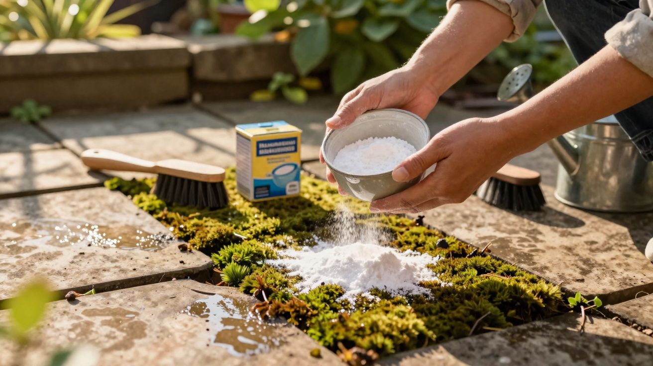 Pessoa a espalhar bicarbonato de sódio sobre musgo entre pedras num jardim.