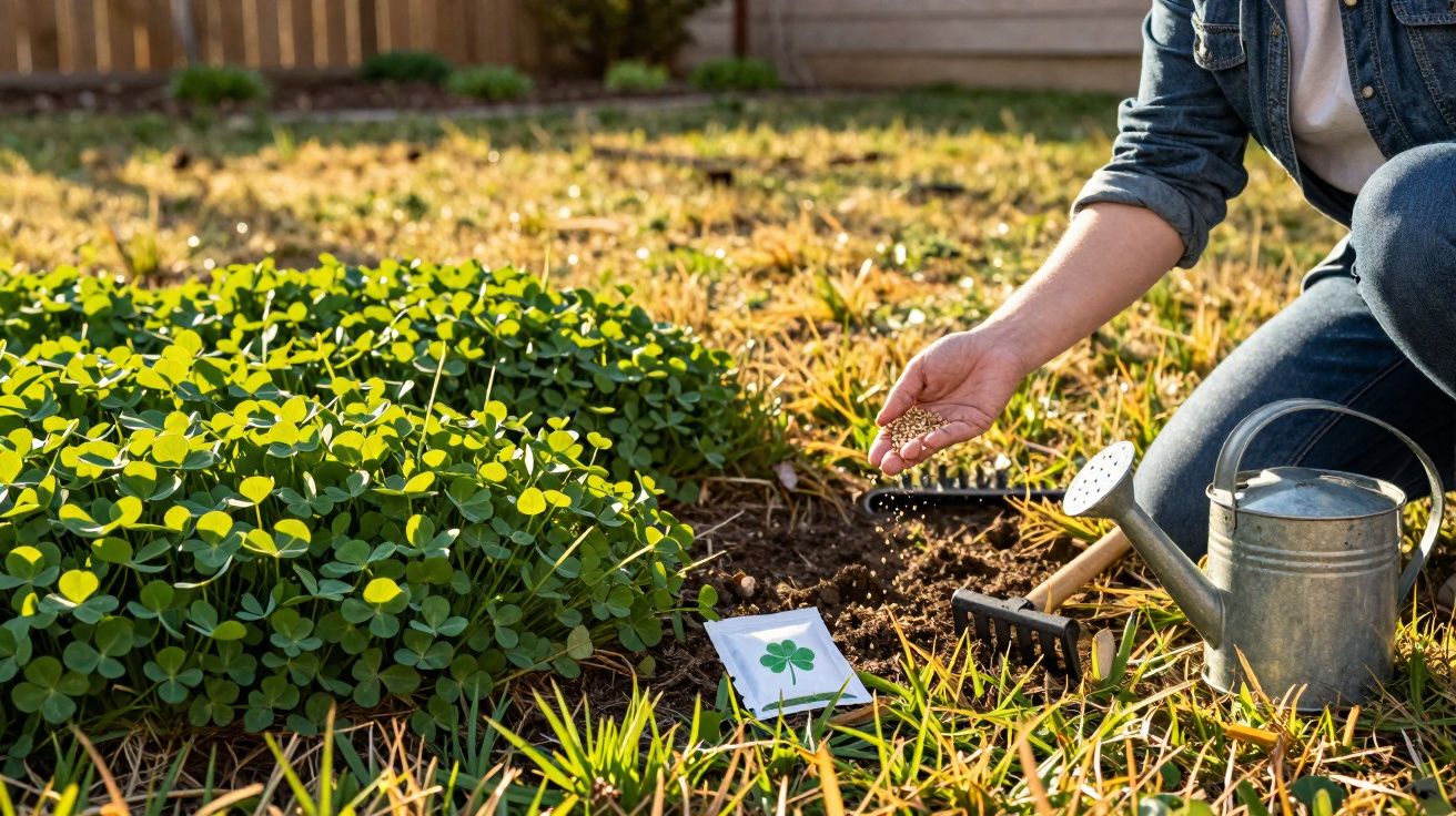 Pessoa a semear sementes em terreno junto a planta de trevo com regador e ferramentas de jardinagem.