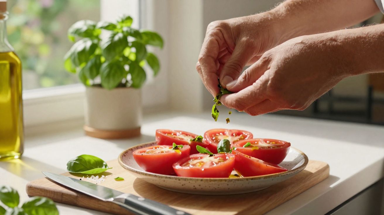 Mãos a temperar tomates cortados num prato com ervas frescas numa cozinha iluminada pela janela.