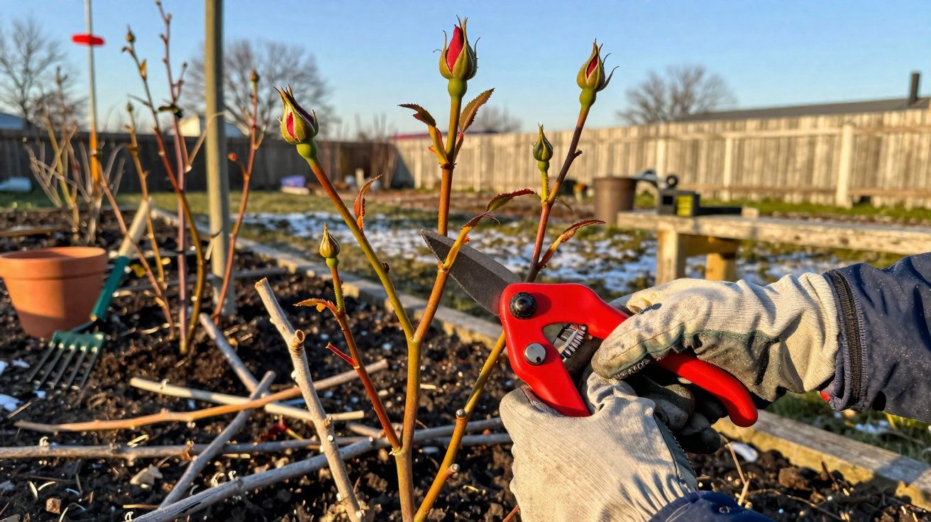 Pessoa a podar ramos de roseira com tesoura de poda vermelha num jardim ao ar livre.