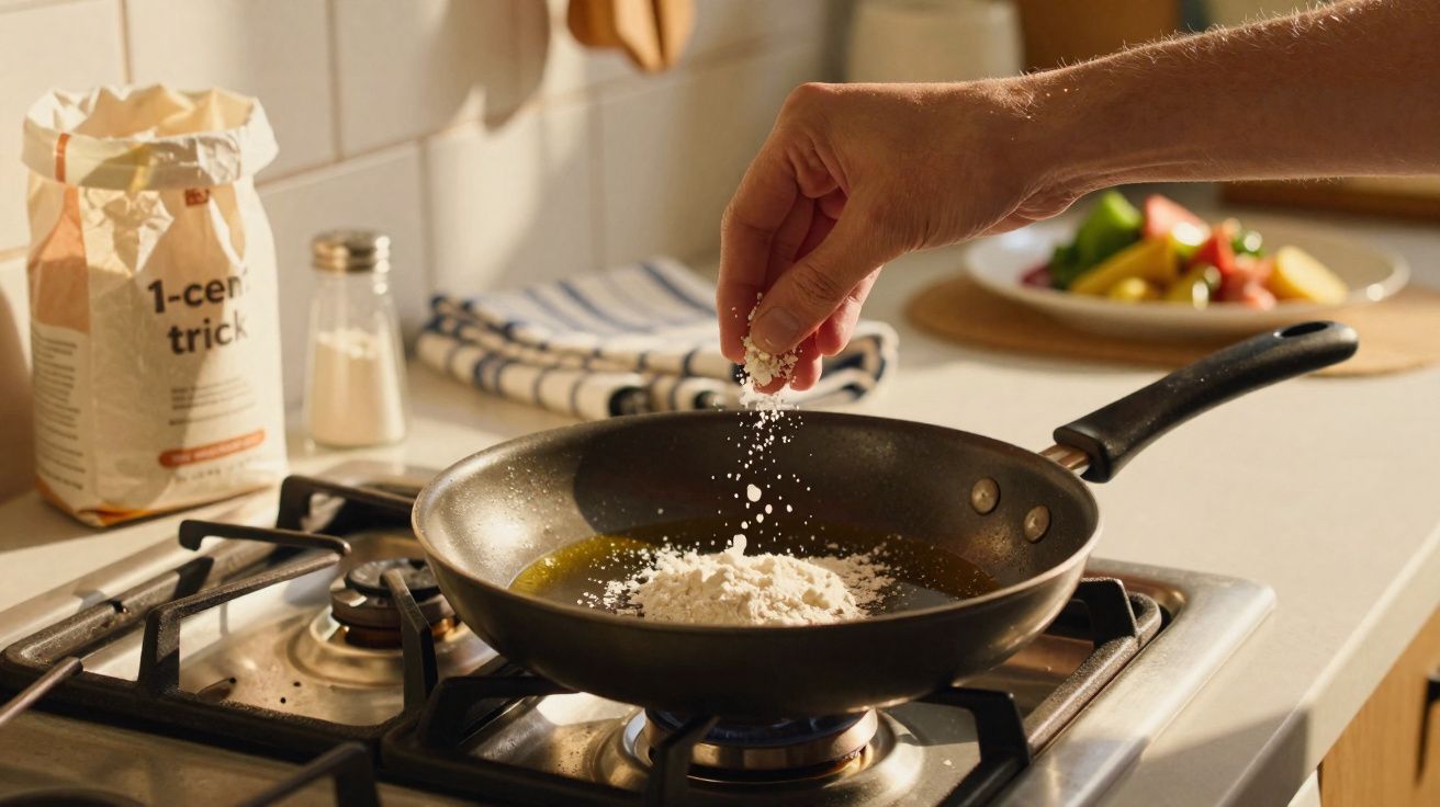 Mão a polvilhar farinha numa frigideira com óleo a aquecer num fogão a gás numa cozinha iluminada.