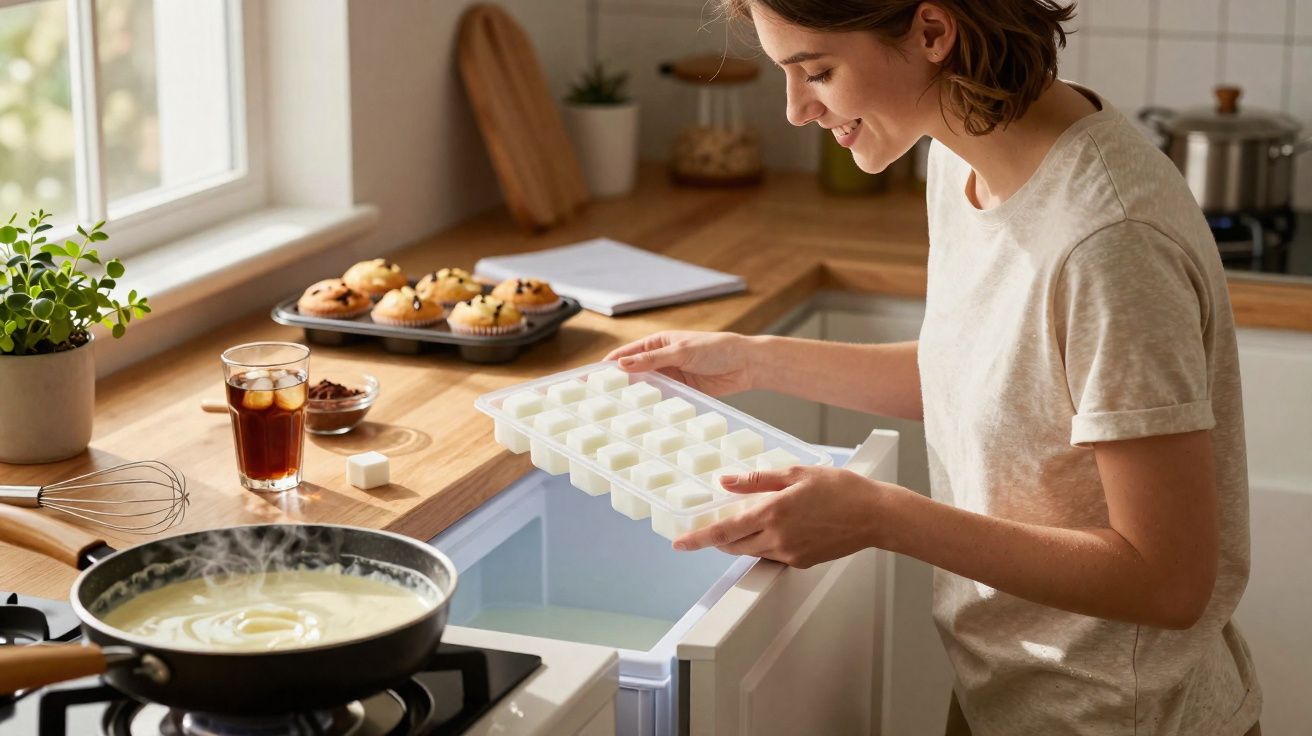 Mulher a colocar cubos de gelo no congelador numa cozinha moderna com comida e bebida ao fundo.