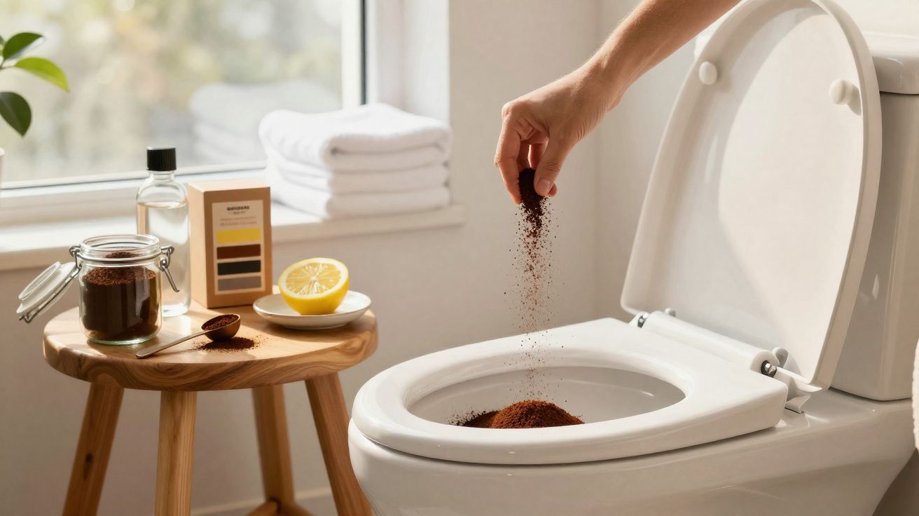 Mão a deitar pó de café numa sanita aberta, com jarro, limão, toalhas e janela ao fundo.