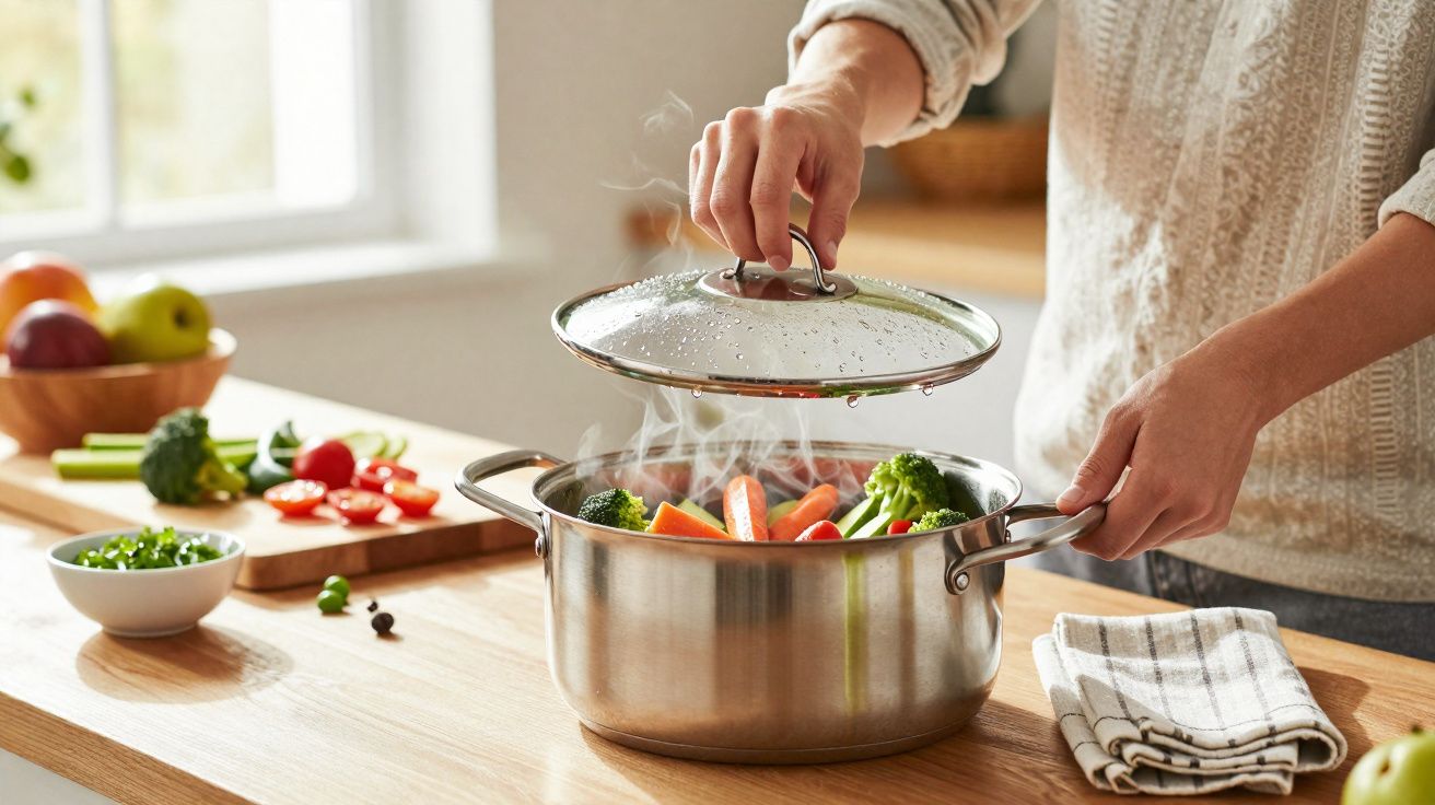 Pessoa a levantar tampa de panela a cozinhar legumes numa cozinha iluminada naturalmente