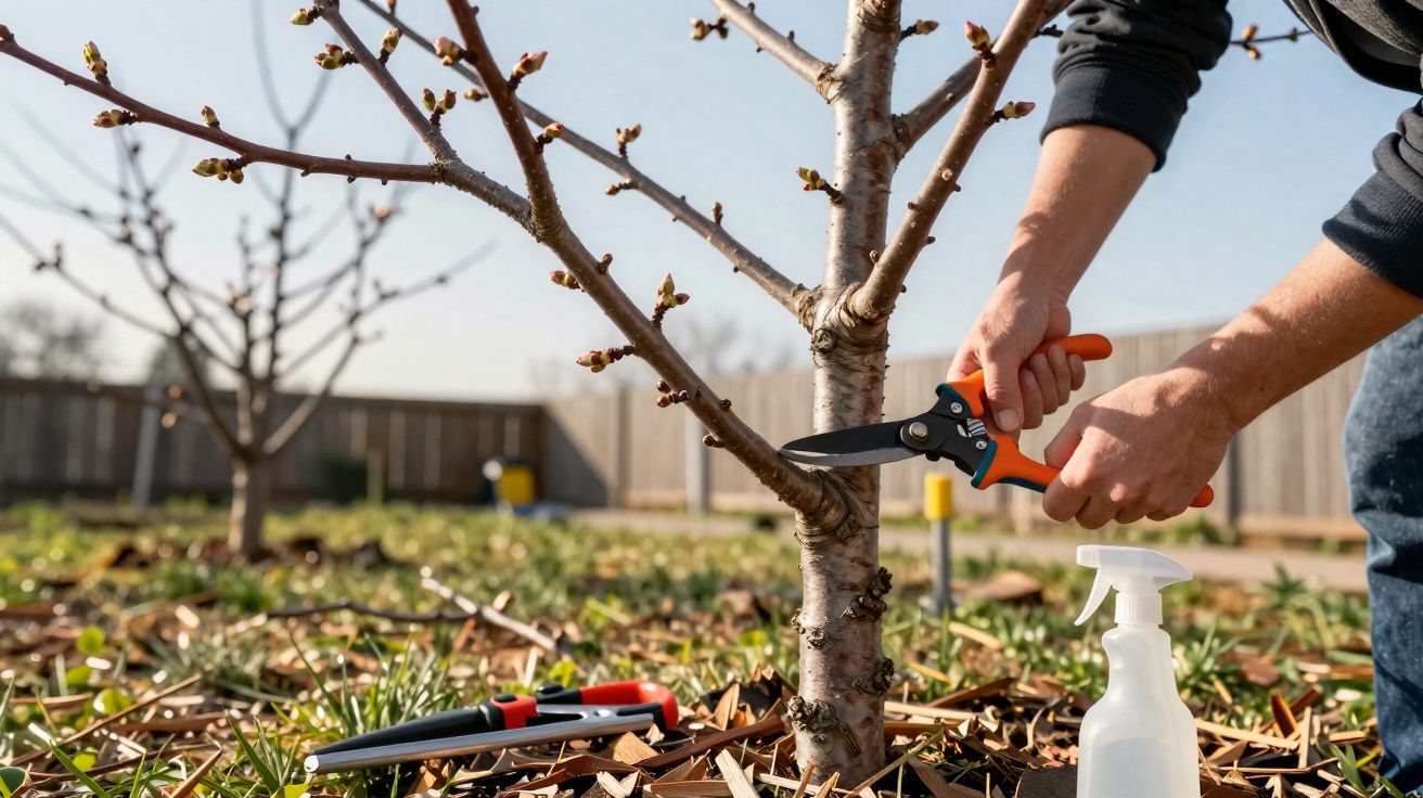 Pessoa a podar ramo de árvore jovem com tesoura de jardinagem num jardim ensolarado.