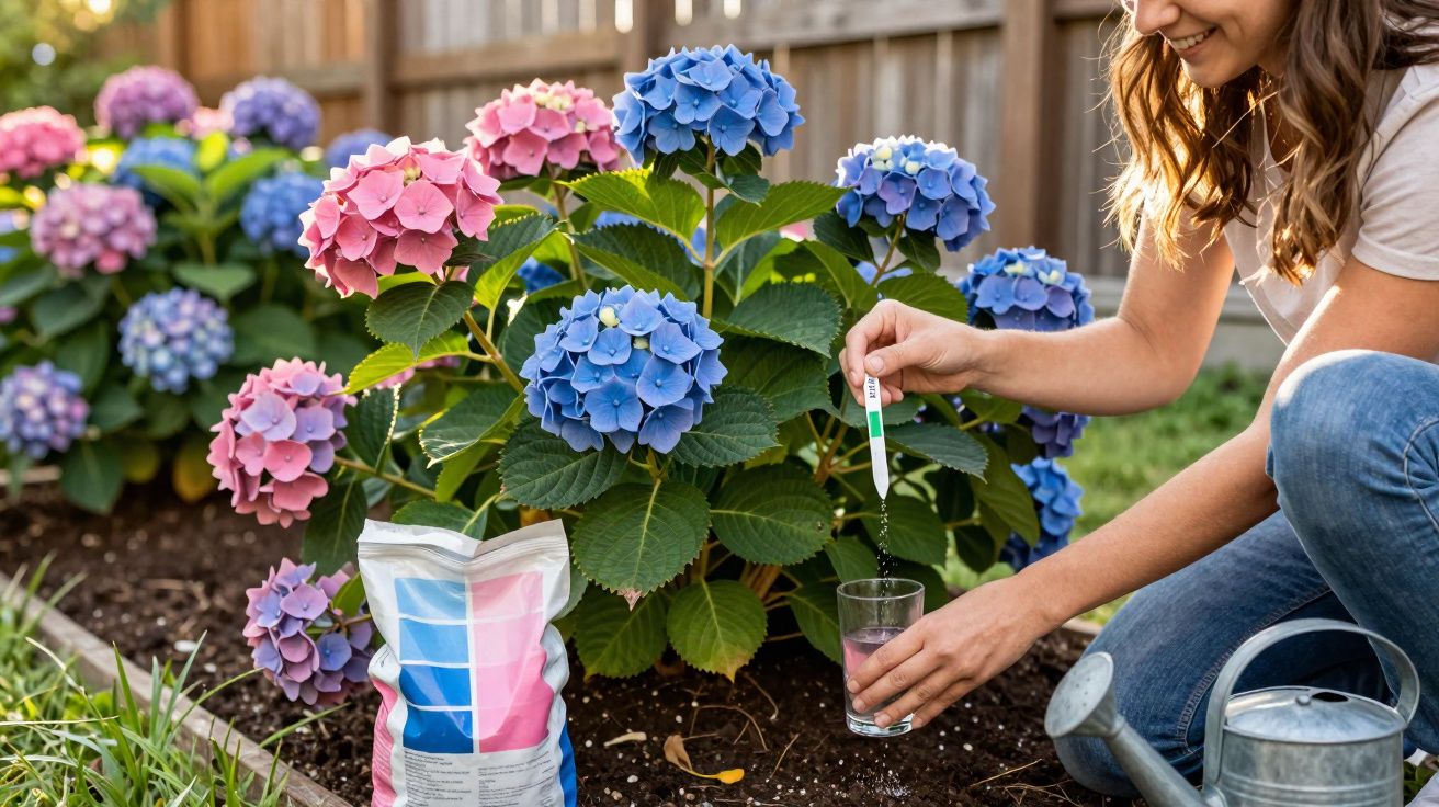 Mulher a testar o pH da água com flores de hortênsia cor-de-rosa e azul num jardim.