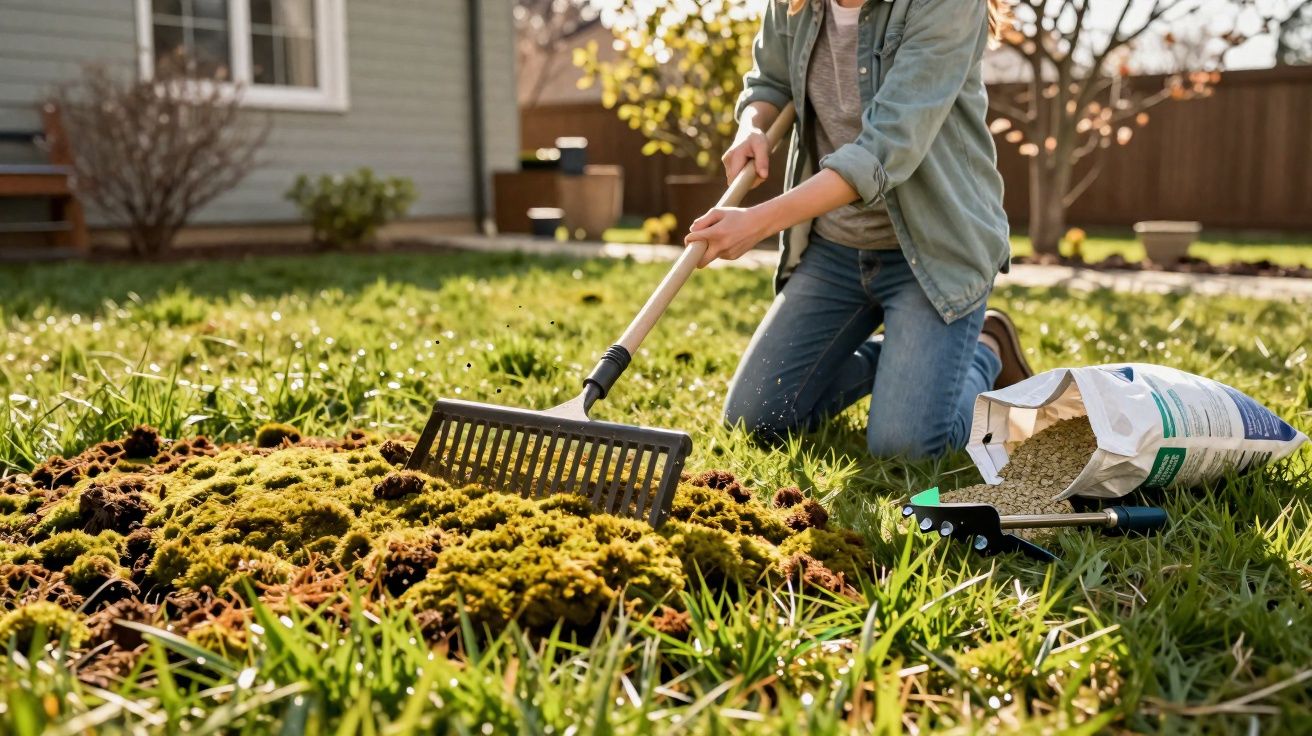 Pessoa a usar ancinho para preparar relva num jardim com fertilizante ao lado.