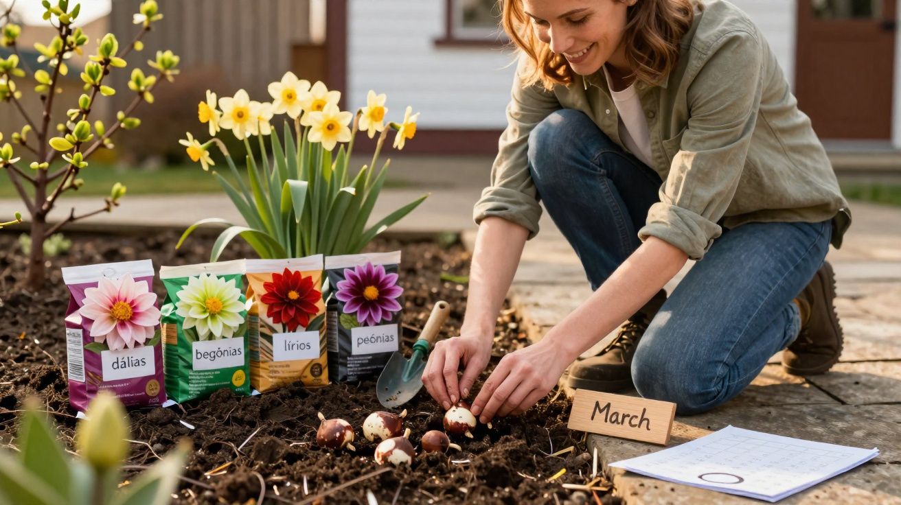 Mulher a plantar bulbos de flores na terra com pacotes de sementes e flor amarela ao fundo em março.