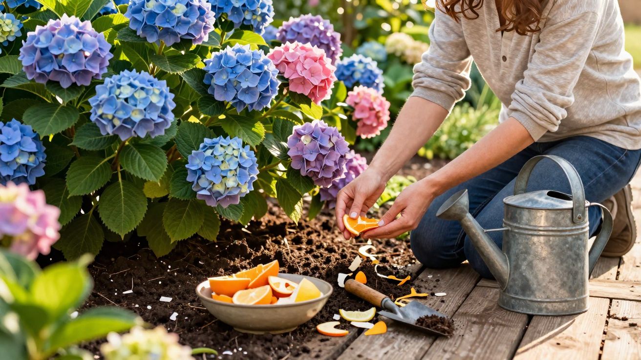 Pessoa a preparar cascas de citrinos para as plantas de hortênsias coloridas num jardim.