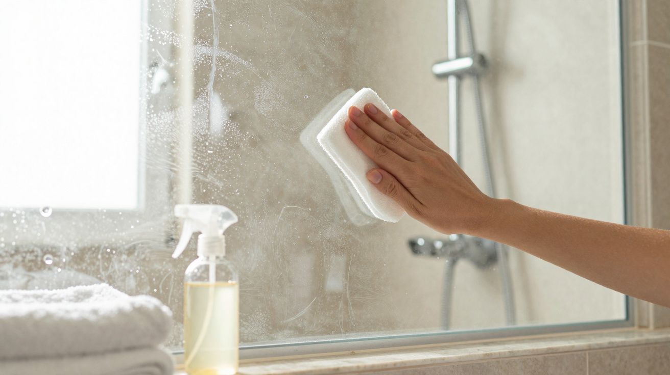 Pessoa a limpar espelho de casa de banho com esponja branca e spray de limpeza.