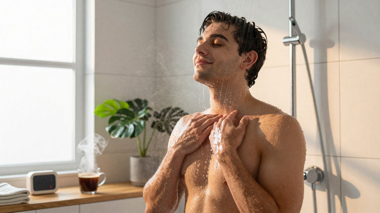 Homem relaxado a tomar duche com olhos fechados num banheiro iluminado e com planta decorativa.