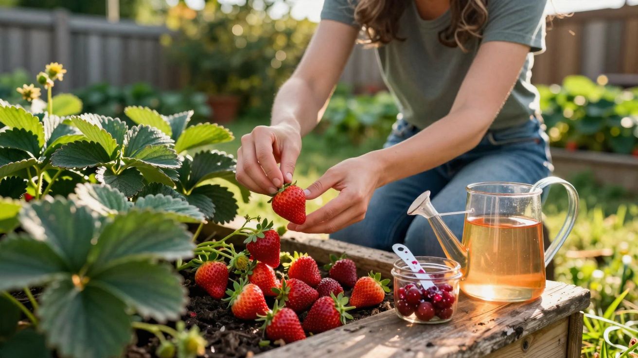Pessoa a colher morangos maduros num canteiro de jardim, com regador e frascos ao lado.