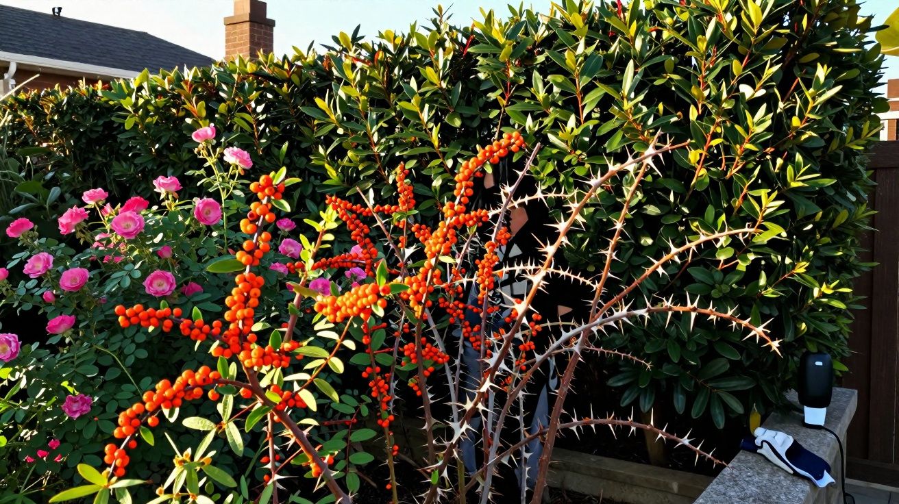 Ramos de arbusto com bagas laranja, rosas cor-de-rosa e folhas verdes em jardim residencial ao entardecer.
