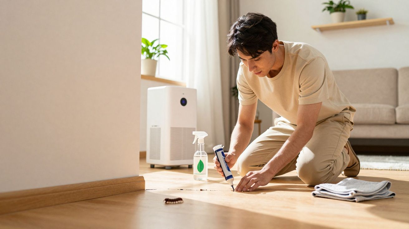 Homem de joelhos a aplicar produto inseticida no chão de madeira para eliminar uma lagarta.