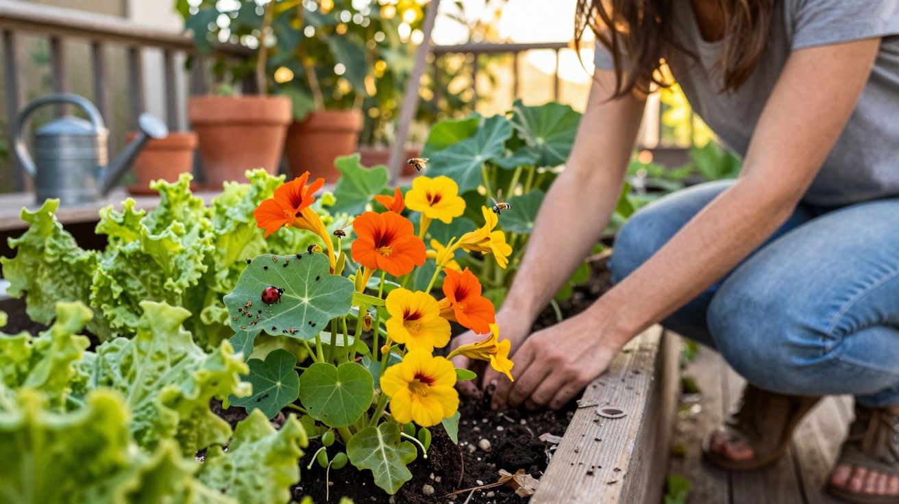 Pessoa a cuidar de flores amarelas e laranjas num jardim com alfaces e insetos visíveis.
