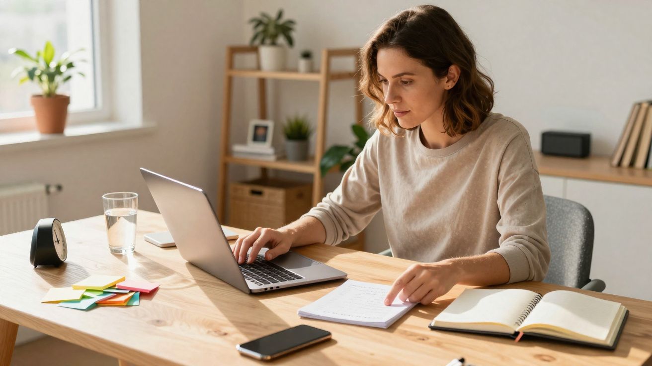 Mulher jovem a trabalhar num portátil, com cadernos e telemóvel numa secretária organizada.