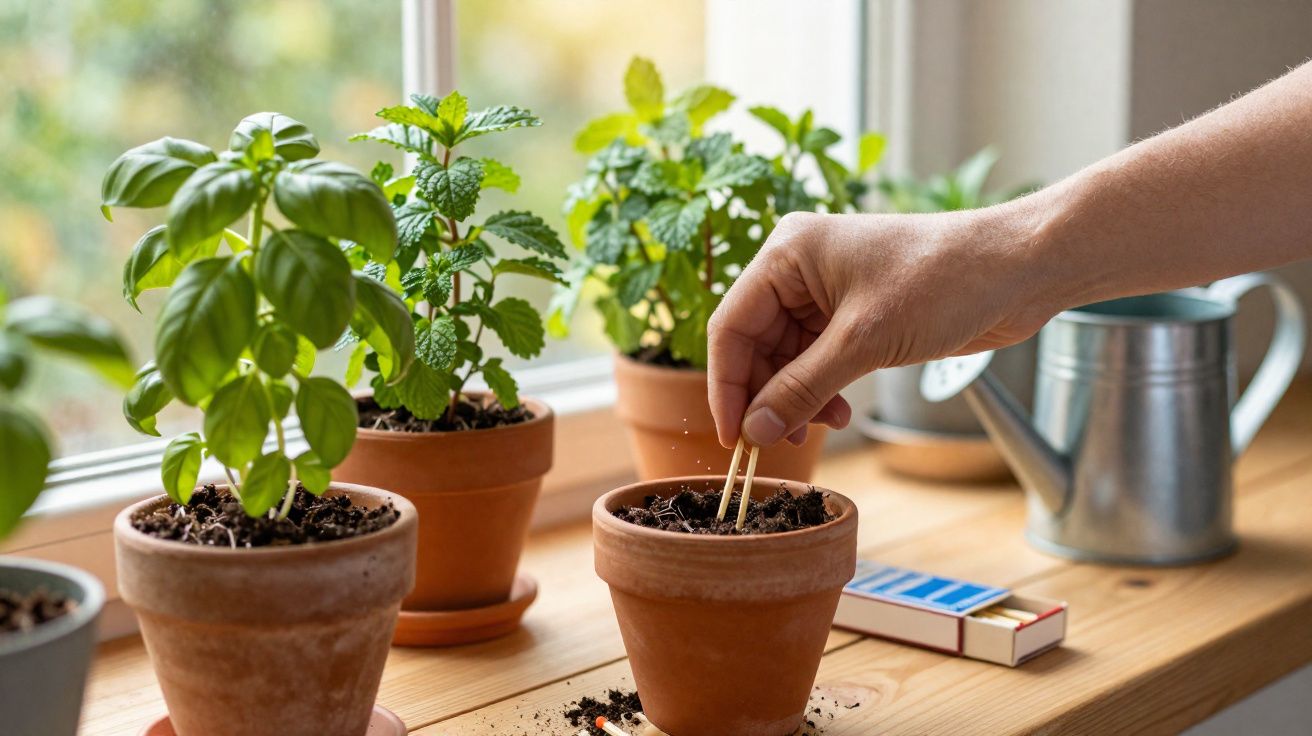 Mãos plantando sementes em vaso de barro junto a outras plantas junto à janela e regador metálico.