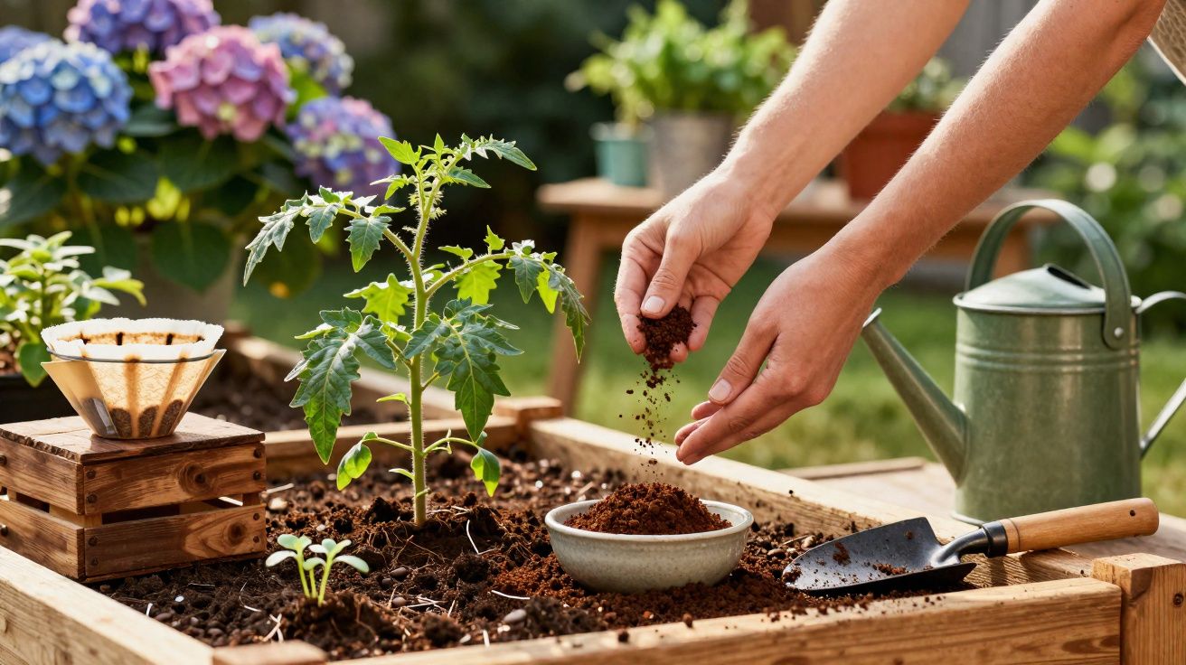 Mãos a adicionar terra a canteiro de madeira com planta jovem e regador verde no jardim.