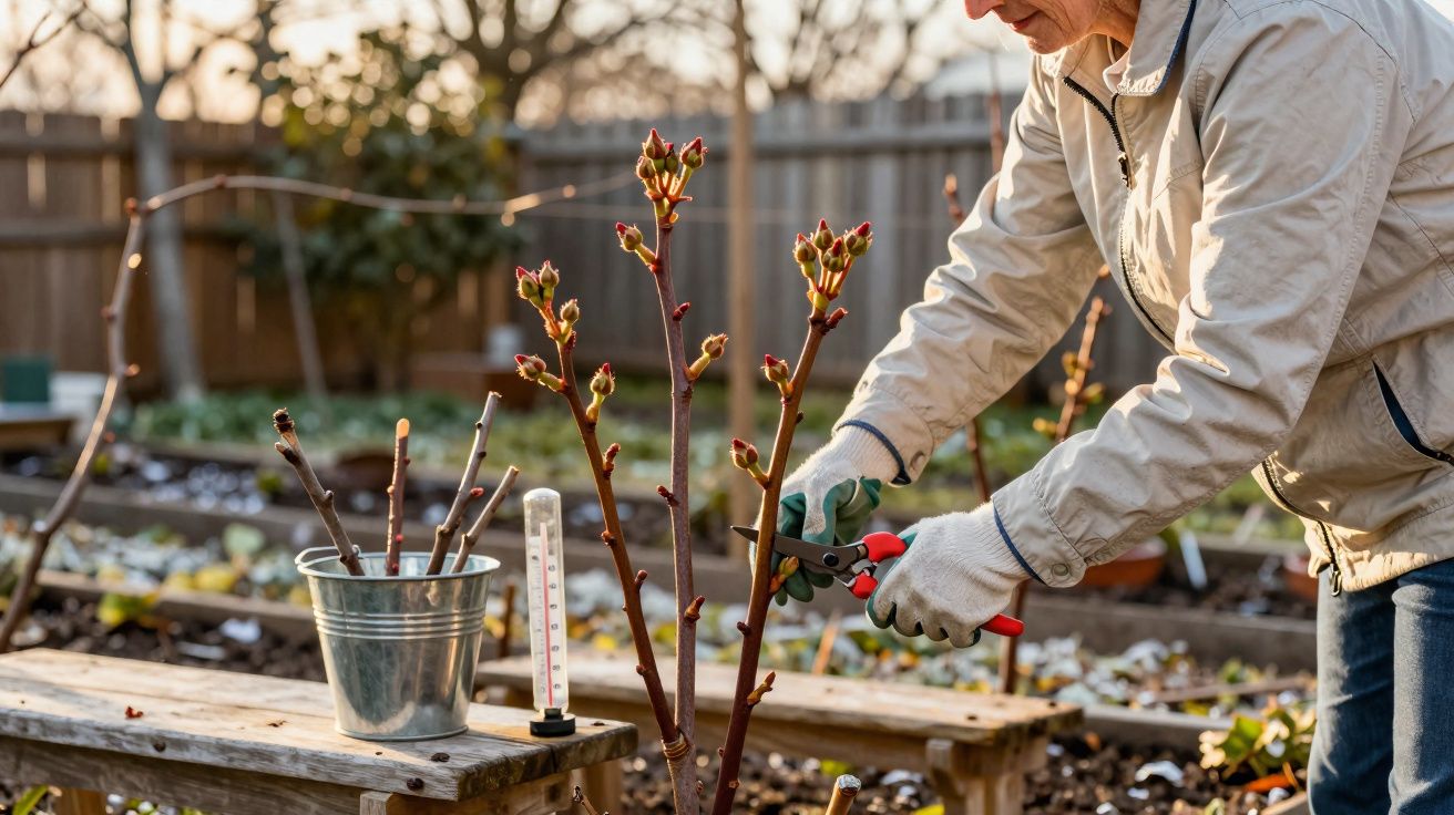 Pessoa a podar ramos de planta num jardim, com um termómetro e um balde metálico na mesa ao lado.