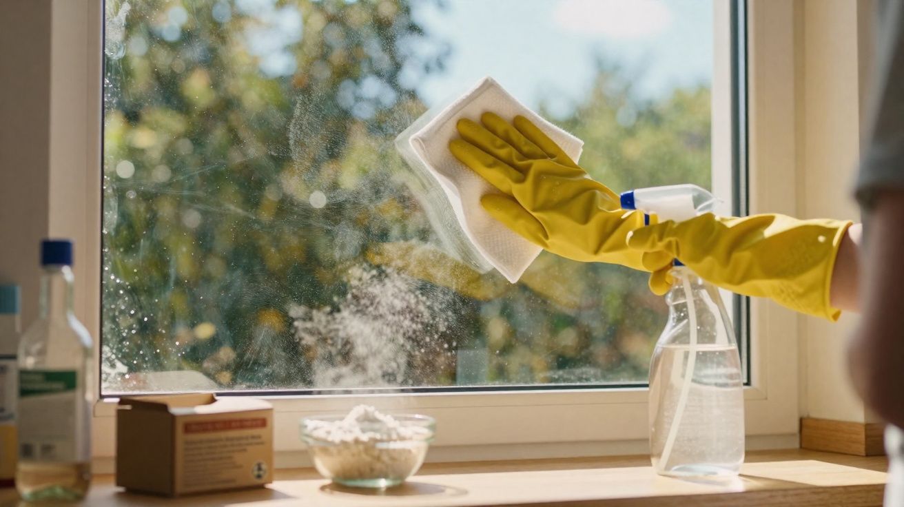 Pessoa a limpar uma janela com luvas amarelas, pano e spray de limpeza numa manhã ensolarada.