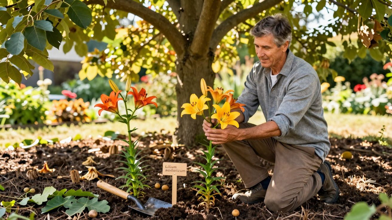 Homem a cuidar de lírios amarelos e laranja num jardim sob uma árvore com luz solar suave.