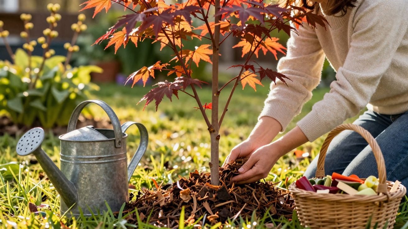 Pessoa a cuidar de árvore com folhas vermelhas, regador metálico e cesto com legumes num jardim ensolarado.