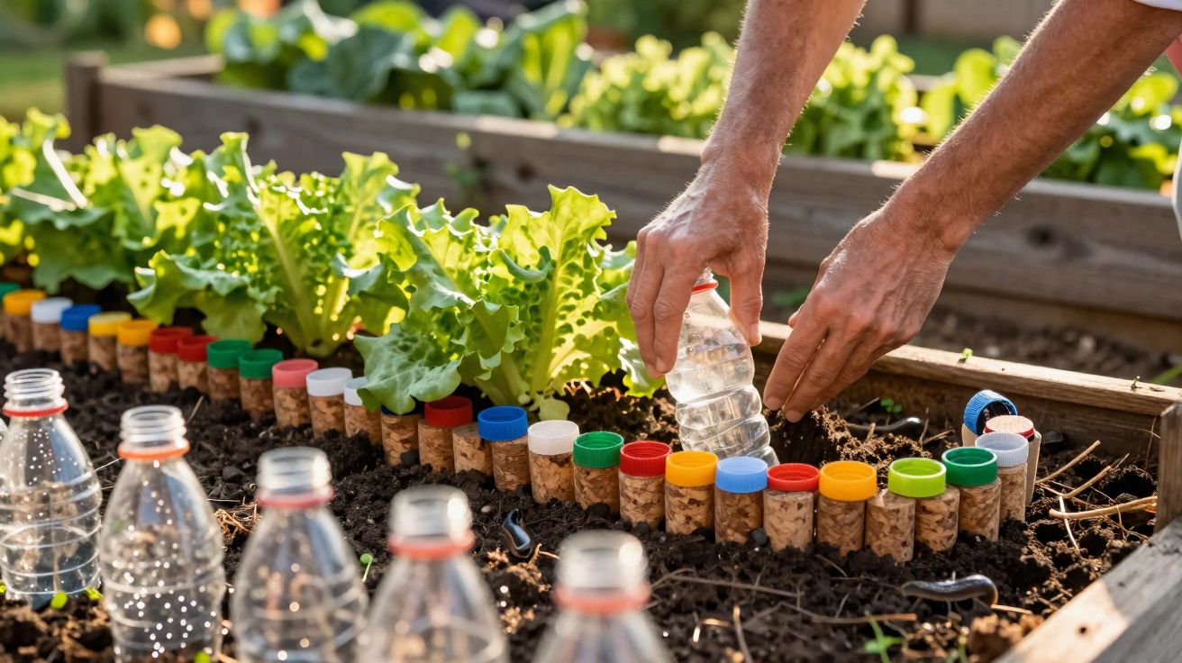 Mãos a regar planta num canteiro com alfaces, garrafas plásticas usadas como borda do canteiro.