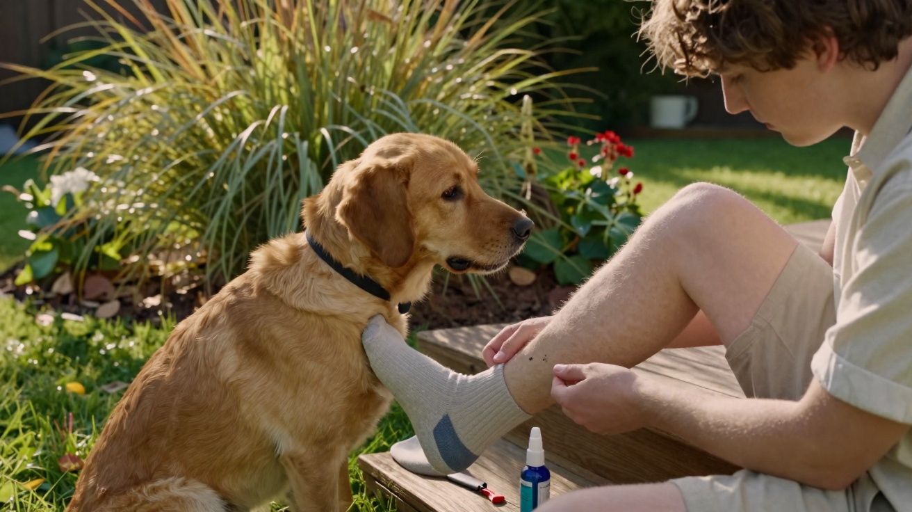 Jovem sentado num jardim aplica remédio numa picada na perna enquanto cão observa atento.