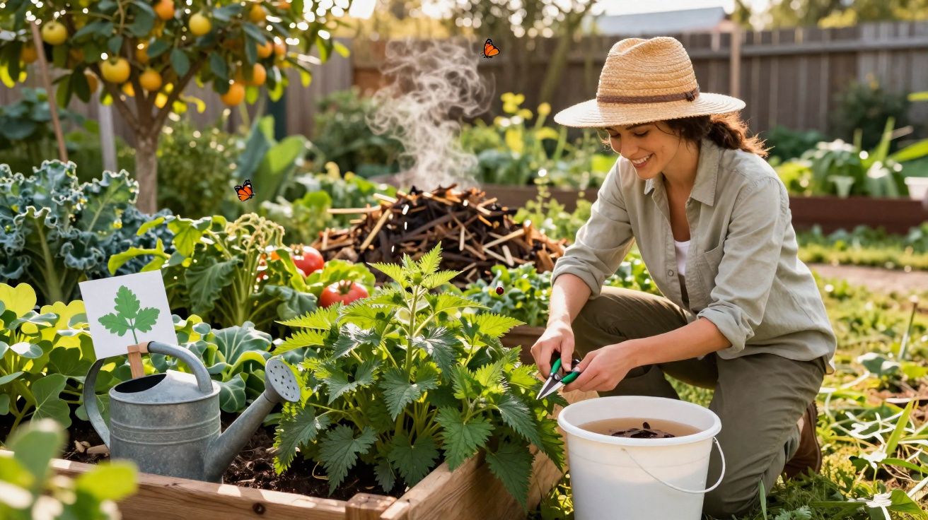 Mulher a cuidar de plantas num jardim, usando chapéu e a recolher ervas com tesoura.