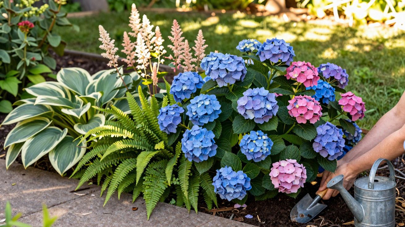 Mãos a cuidar de hortênsias azuis e rosas num jardim com samambaias e outras plantas.