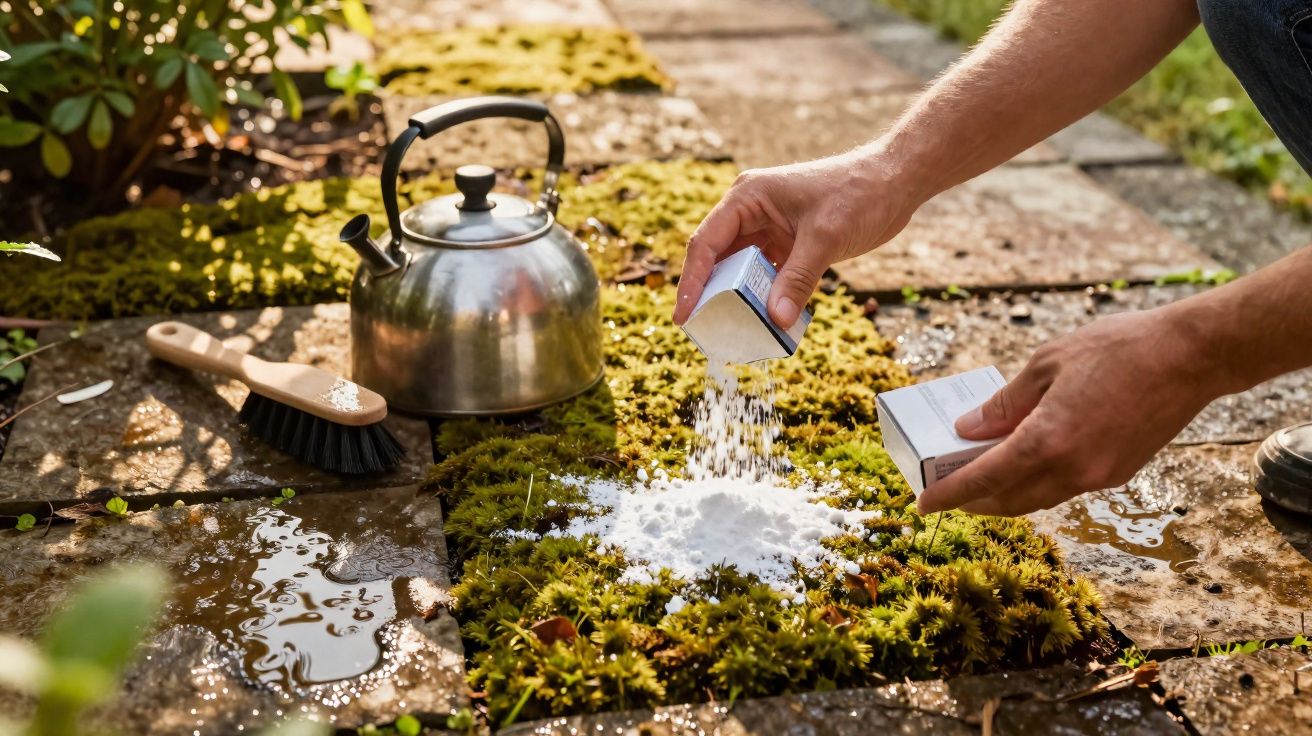 Mãos espalham pó branco sobre musgo num pavimento de pedra, com um bule e uma escova ao lado.