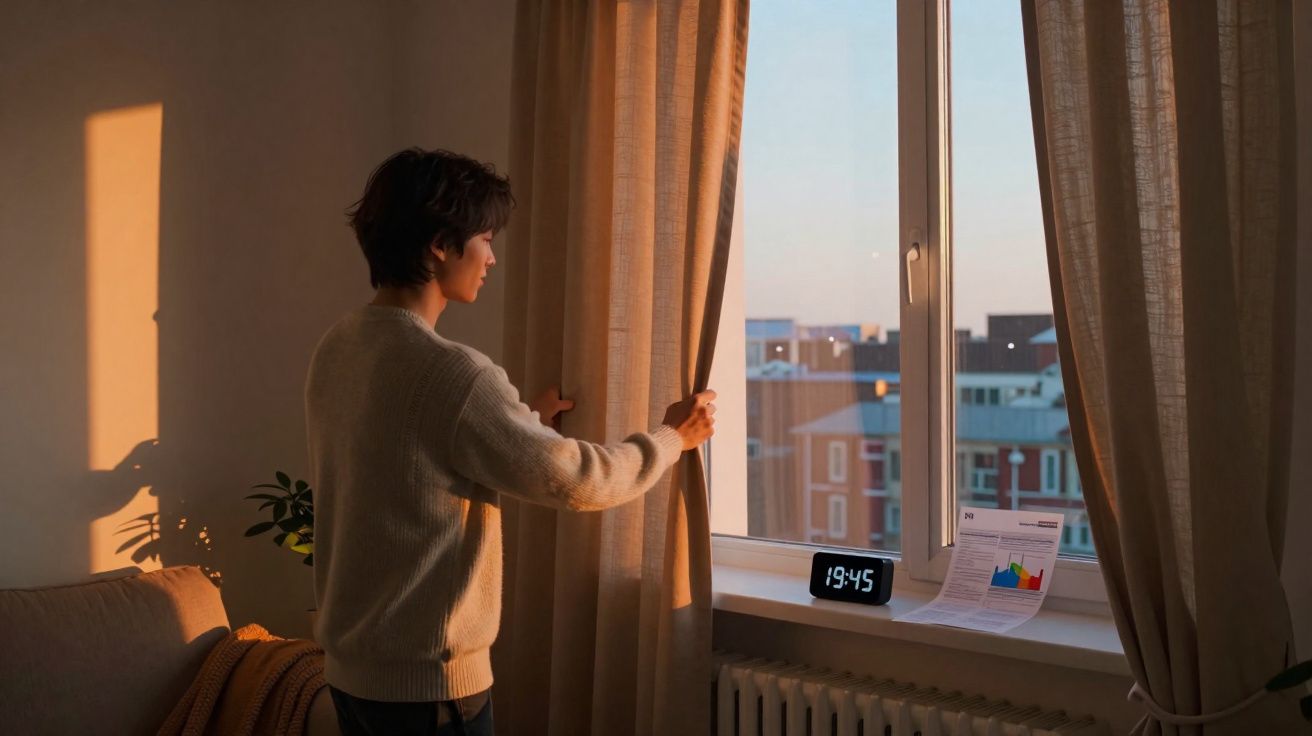 Pessoa abre cortinas num quarto iluminado pela luz do entardecer, com relógio digital a mostrar 19:45.