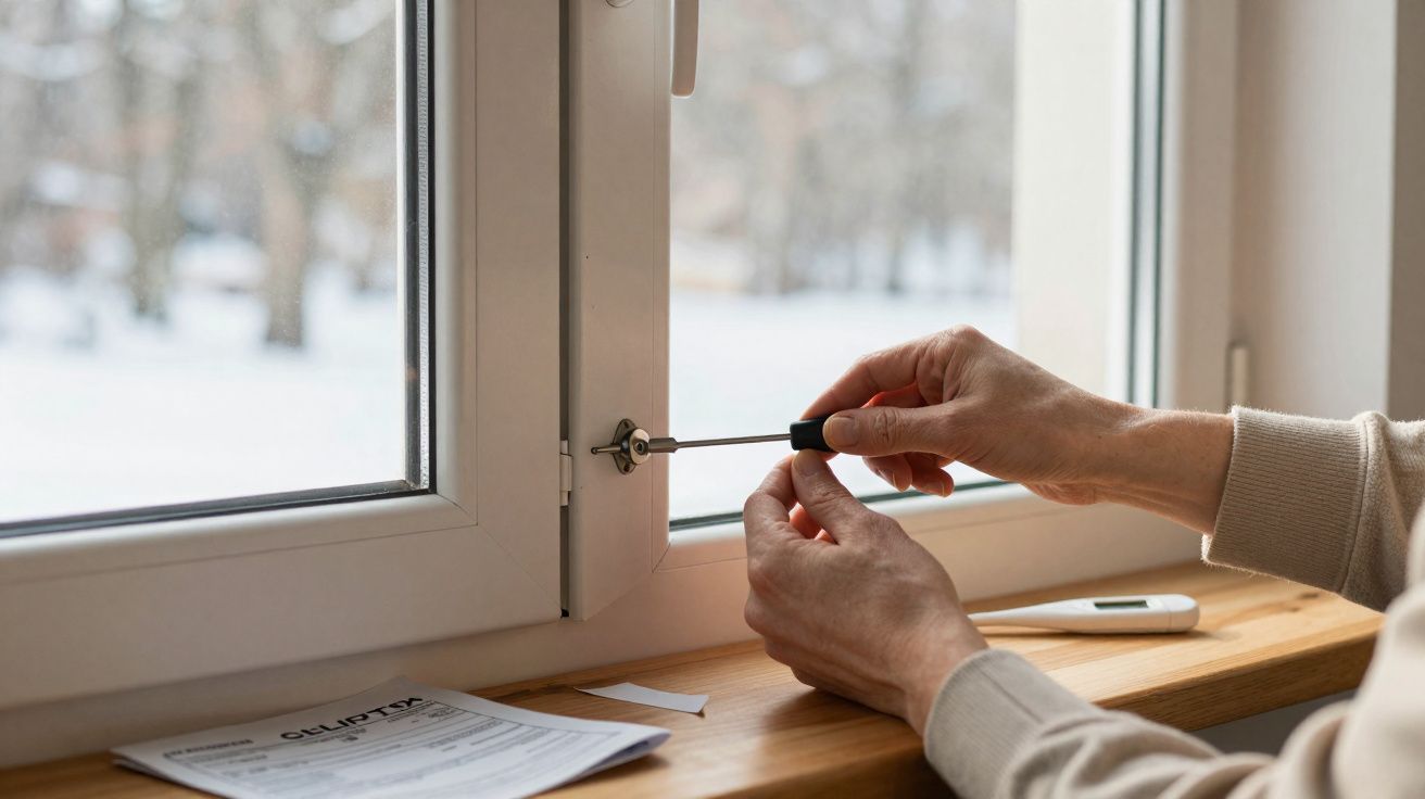 Mãos ajustando a fechadura de uma janela branca com uma chave de fendas, junto a documentos numa superfície de madeira.