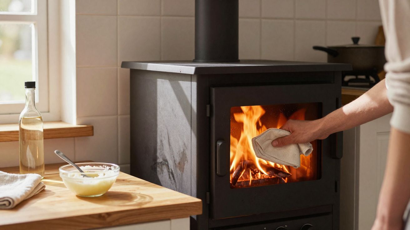 Pessoa a limpar com um pano a porta de uma salamandra acesa numa cozinha luminosa e acolhedora.