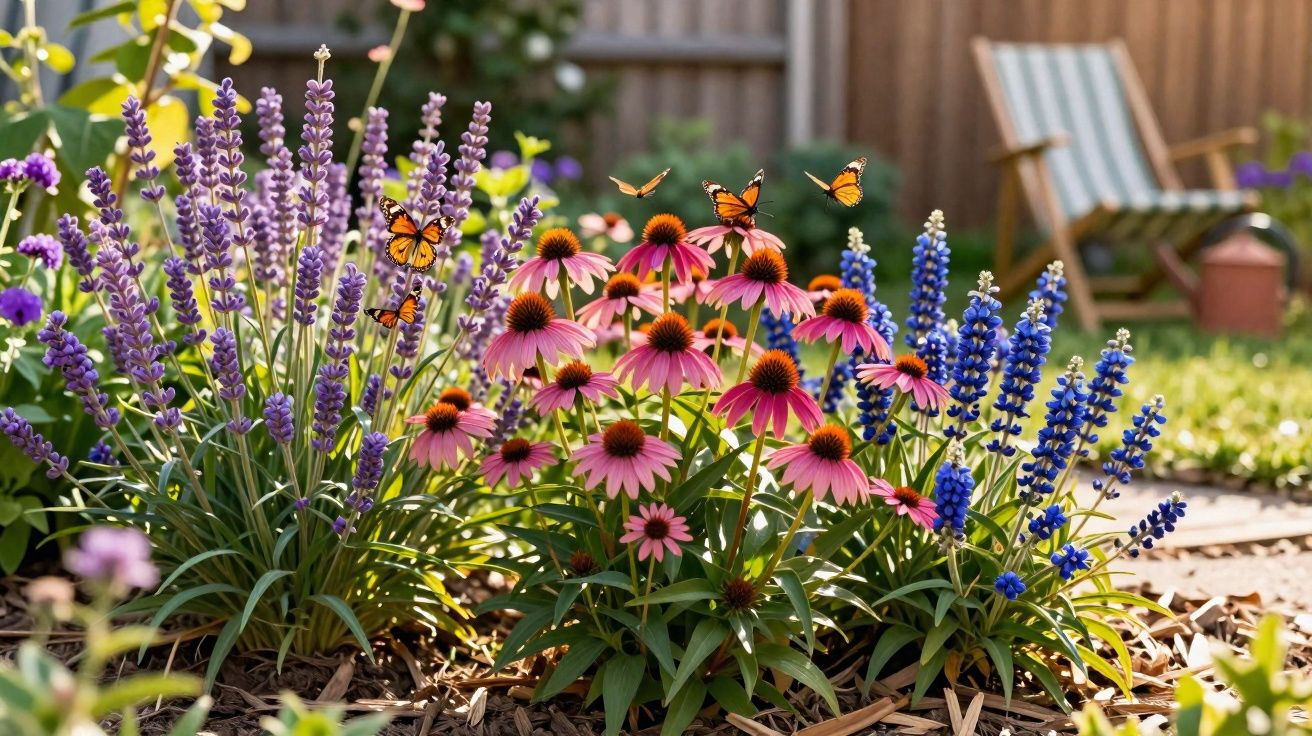 Jardim com flores roxas, cor-de-rosa e azuis com várias borboletas laranja a voar e cadeira de madeira ao fundo.