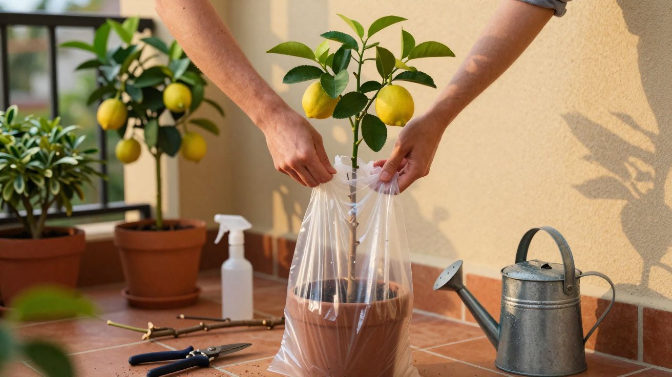 Pessoa a proteger um pequeno limoeiro com plástico num vaso junto a regador e tesouras num terraço.
