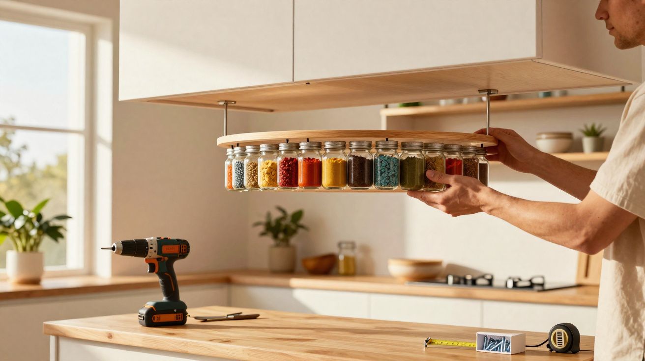 Pessoa a instalar suporte giratório com frascos de especiarias na cozinha moderna.
