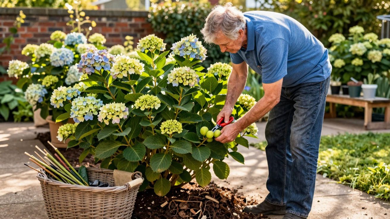 Homem a cuidar de uma planta de flores num jardim, com tesoura de poda e cesta ao lado.
