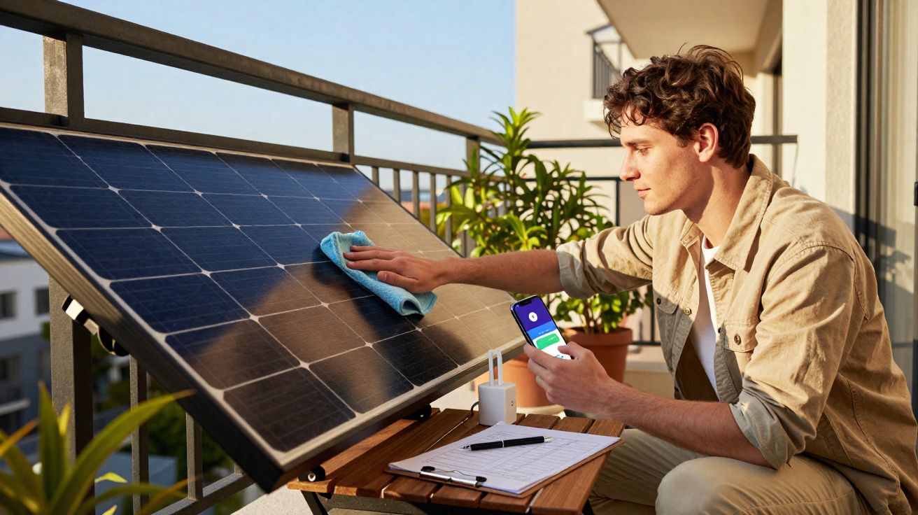 Homem limpa um painel solar no terraço, segurando um telemóvel e junto a uma prancheta com caneta.