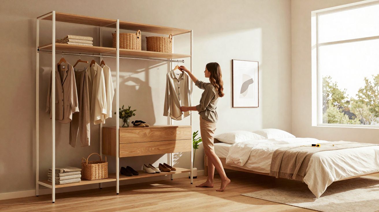 Mulher a escolher roupa num armário aberto numa quarto minimalista com cama e janela grande.