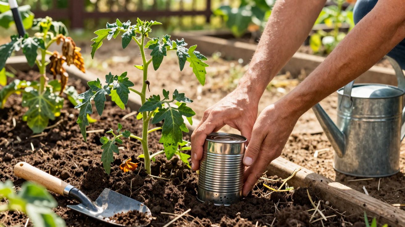 Pessoa a usar lata perfurada para cultivar planta de tomate num canteiro de jardim, com regador e enxada ao lado.