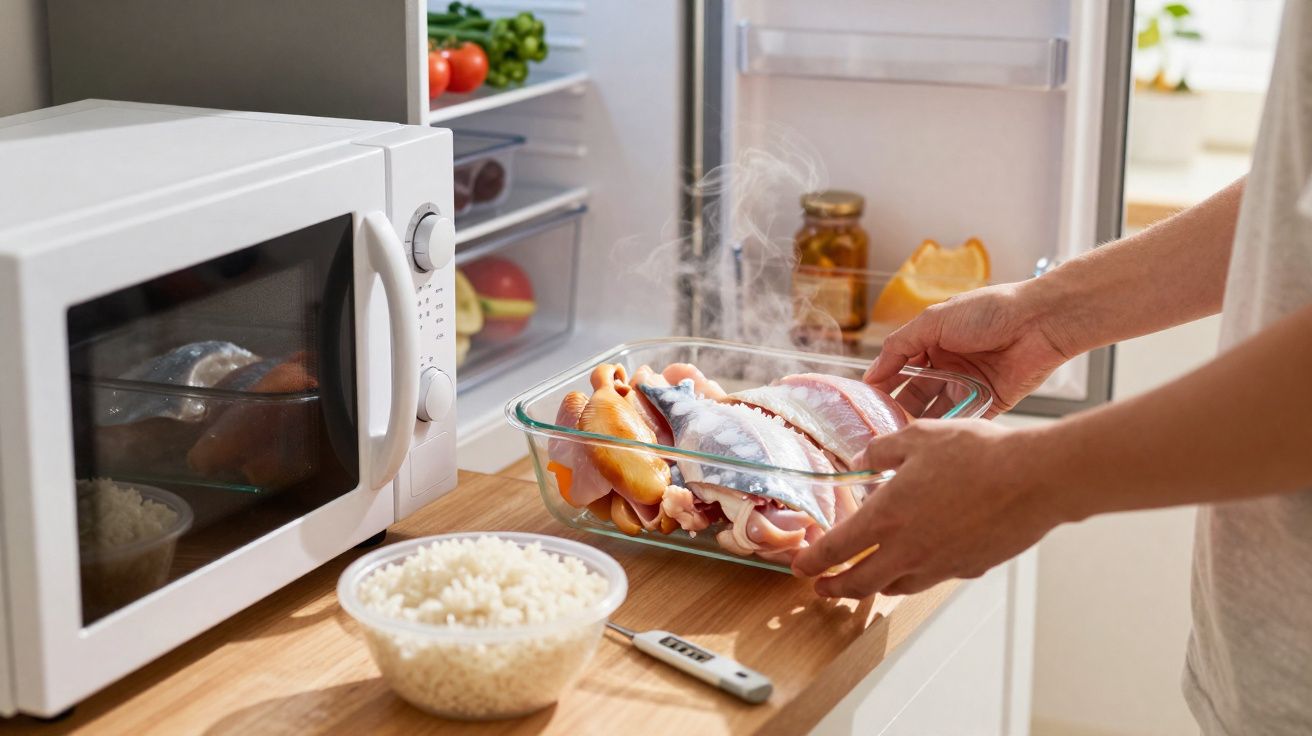 Pessoa a retirar travessa de vidro com peixe quente de um micro-ondas numa cozinha moderna.