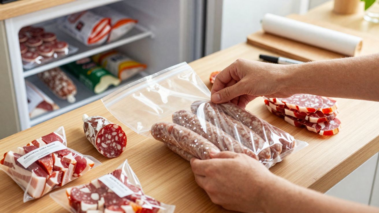 Mãos a colocar embutidos fatiados em saco plástico transparente numa bancada de cozinha junto a frigorífico aberto.