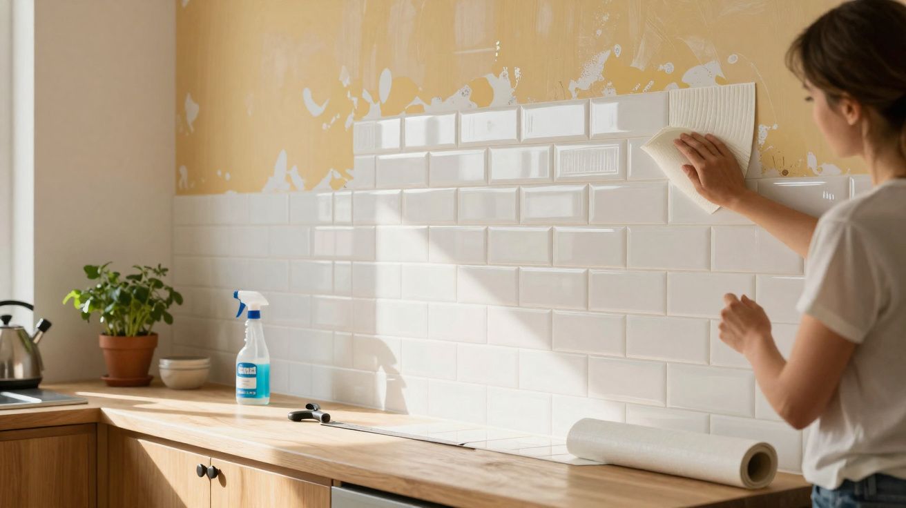 Mulher a aplicar autocolantes de azulejo branco na parede da cozinha com bancada de madeira.