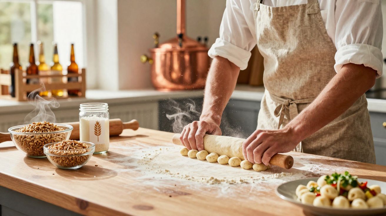 Pessoa amassando massa numa bancada de madeira, com ingredientes e prato de comida ao lado.
