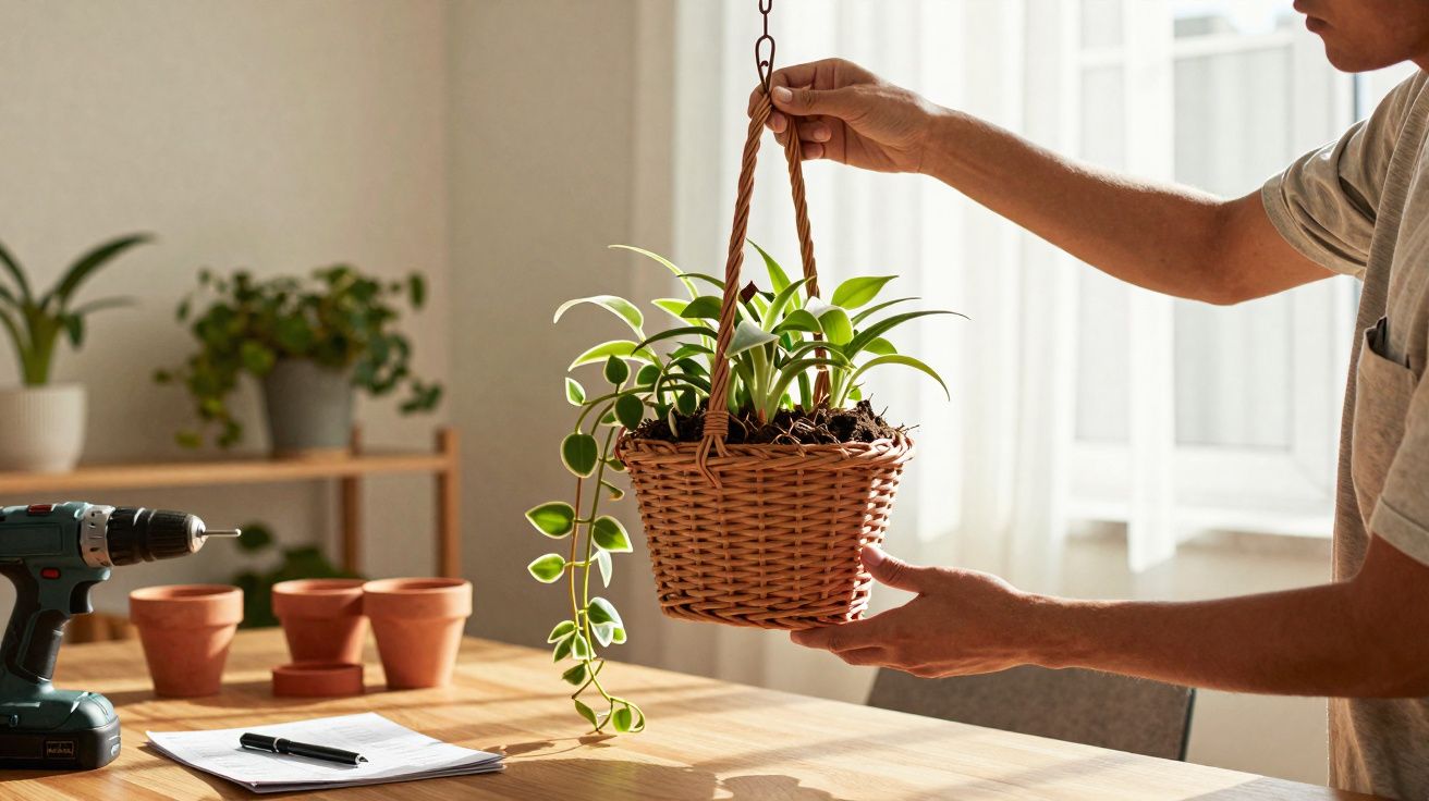 Pessoa a pendurar vaso de plantas com folhas verdes num suporte de corda dentro de casa.