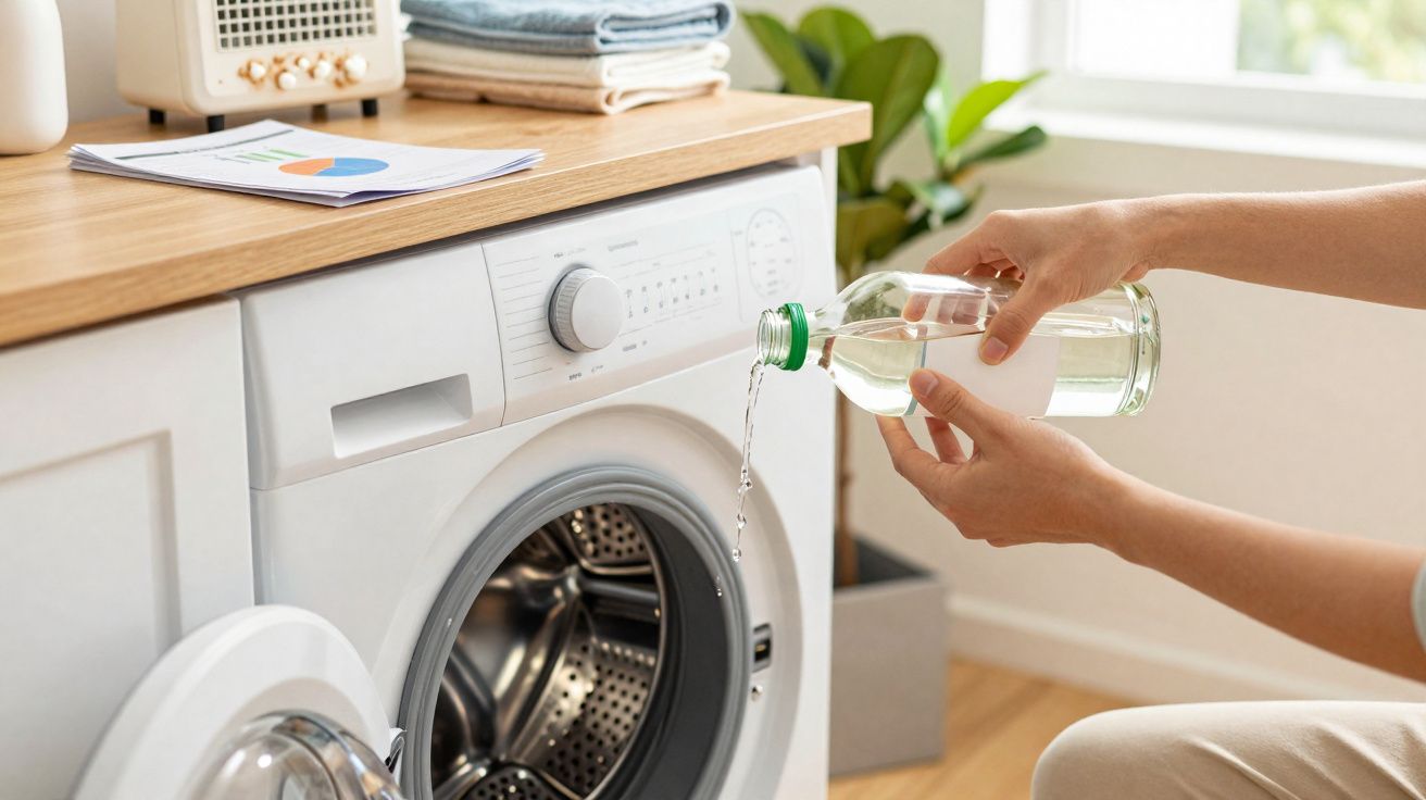Pessoa a verter líquido numa máquina de lavar roupa branca com porta aberta numa casa.