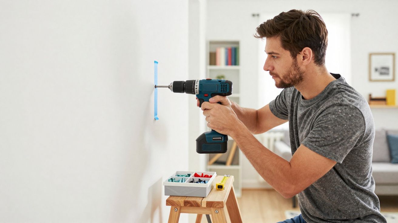 Homem a furar a parede com parafuso, com furadeira elétrica, em sala de estar organizada.