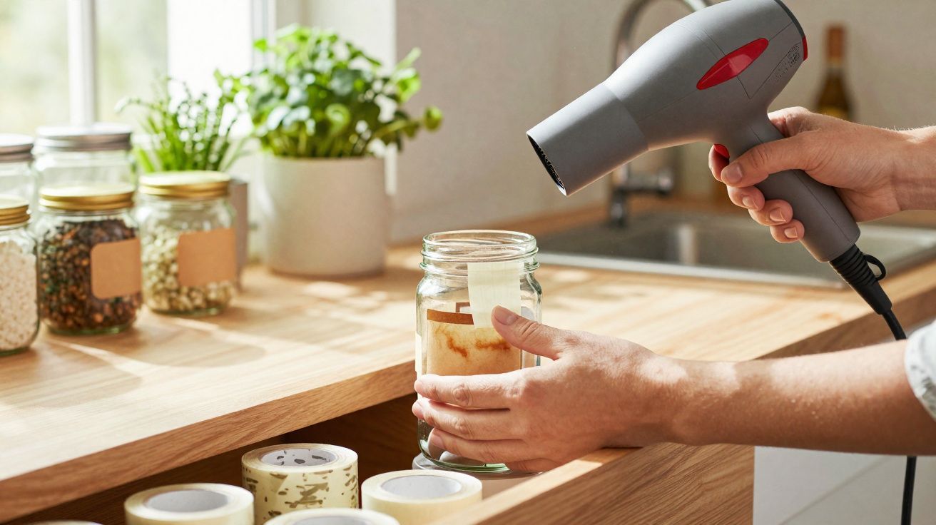 Pessoa a usar um secador para colar etiqueta num frasco de vidro numa bancada de cozinha.